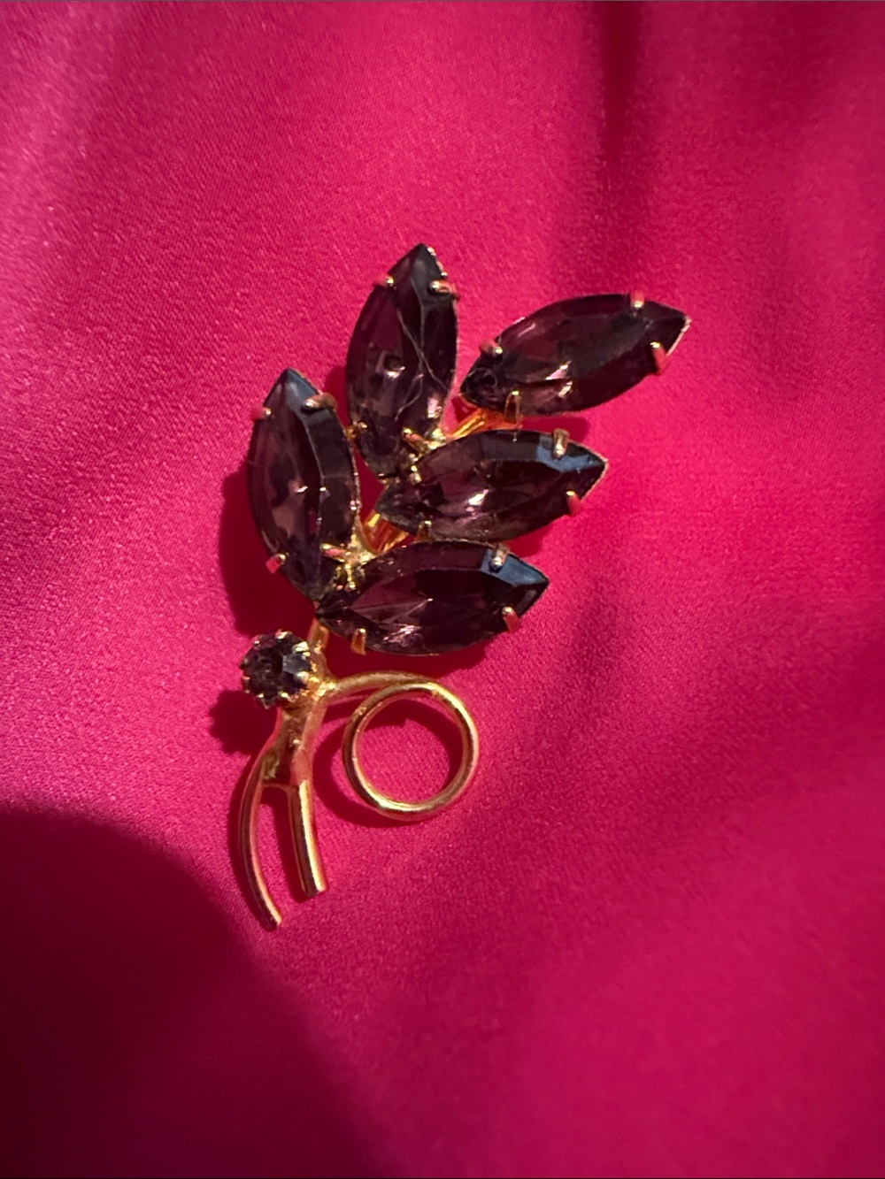Gold-Tone Leaf Brooch with Smoky Purple Crystal Stones